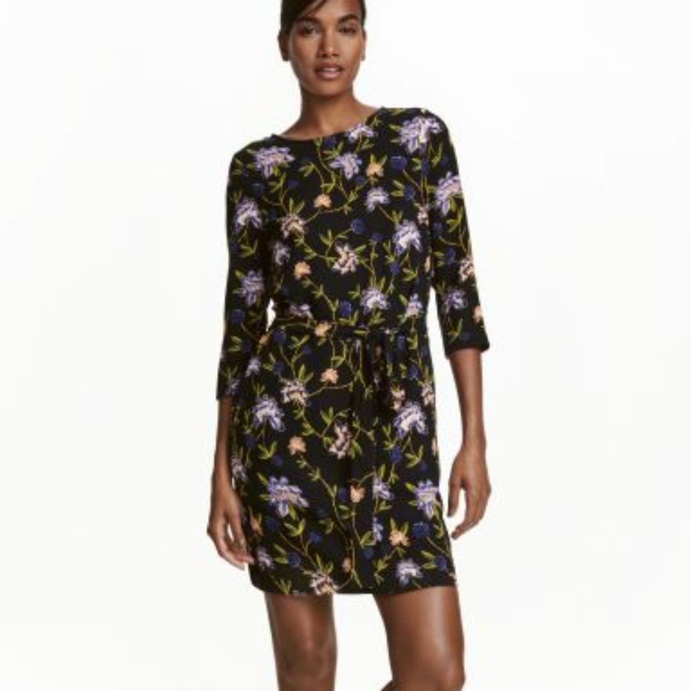 H&M Black‎ and Floral 3/4 Dress with pockets Sz 4